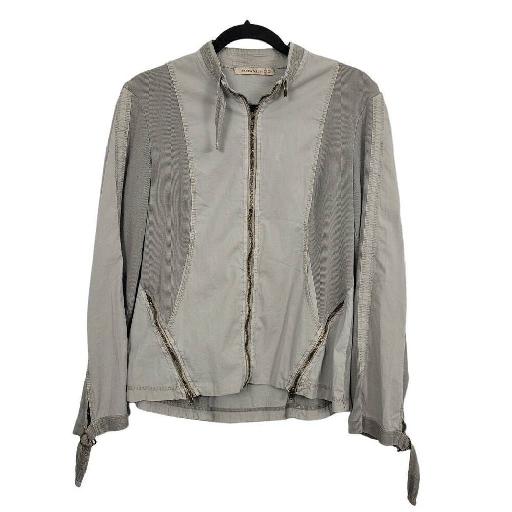 XCVI Wearables Full Zip Jacket Sz M Taupe Green Gray Mixed Media Zip Sides Artsy